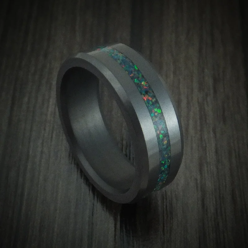 rustic tin band ring-Elysium Black Diamond Wedding Men's Band Beveled With Polish Finish And An Opal Inlay