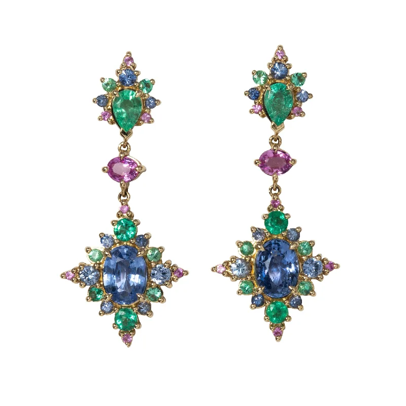 minimalist crest summit earrings-Emerald, Blue & Pink Sapphire 14K Yellow Gold Drop Earrings