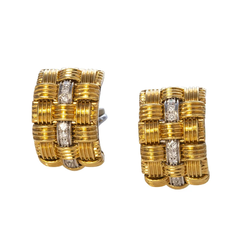 gothic-inspired eagle claw earrings-Estate 18K Gold Diamond Basketweave Clip On Earrings