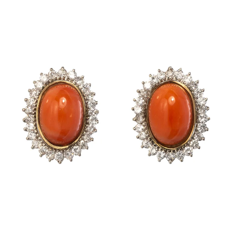 rustic sunstone hoop earrings-Estate Coral Cabochon & Diamond 14K Gold Earrings