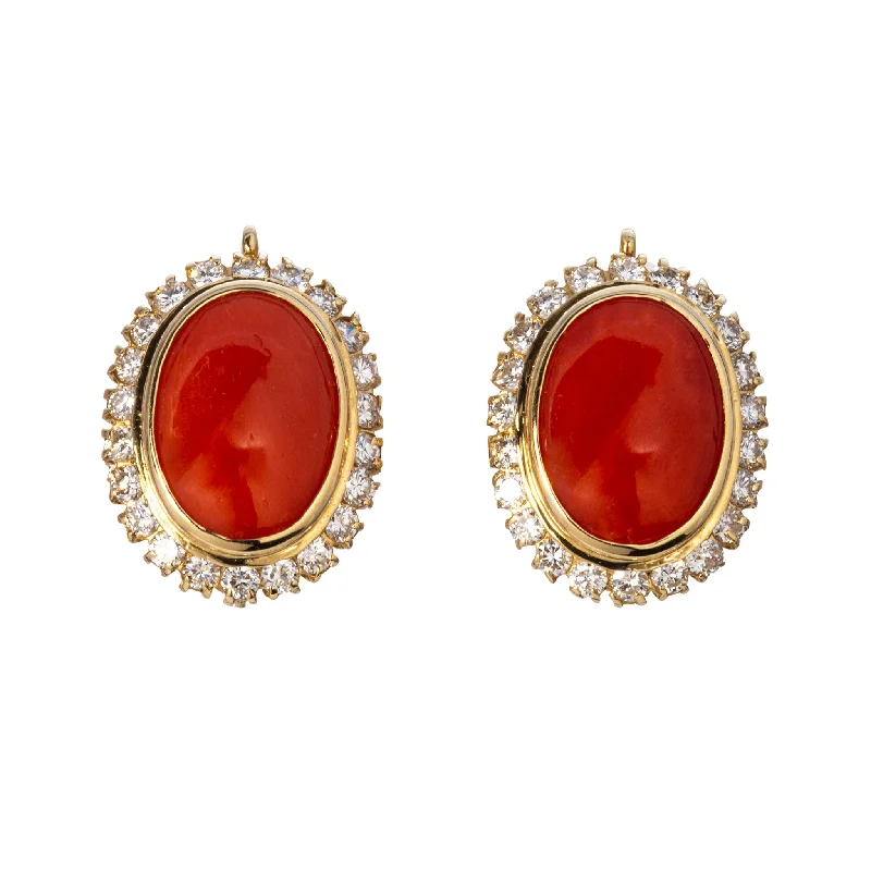 raw amber accent earrings-Estate Coral Cabochon & Diamond 18K Yellow Gold Earrings