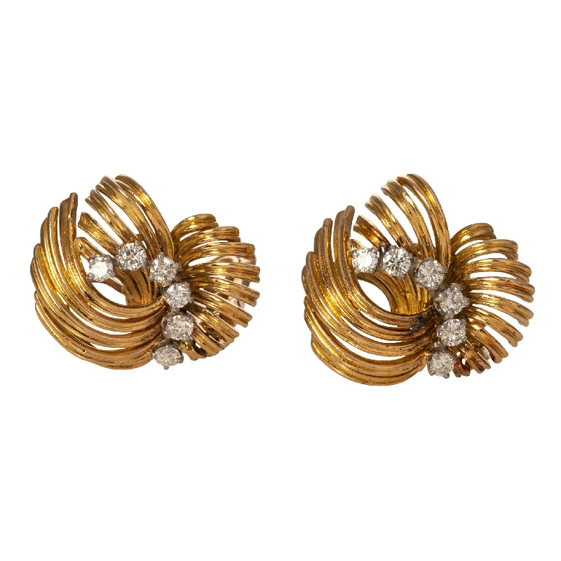 polished rose arc earrings-Vintage Diamond 18K Gold Fan Clip On Earrings