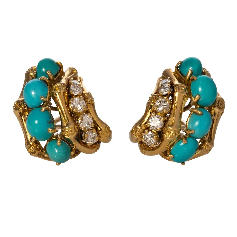 art deco malachite earrings-Estate Turquoise & Diamond 18K Gold Bamboo Clip On Earrings