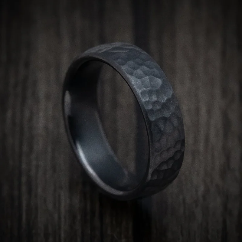 gothic-inspired bat wing ring-Hammered Black Titanium Mens Ring