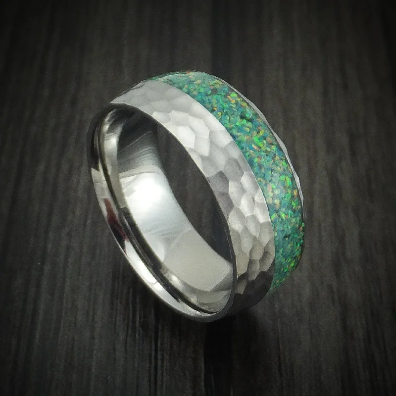 minimalist ridge peak ring-Hammered Titanium and Opal Men's Ring Choose Your Color Custom Made