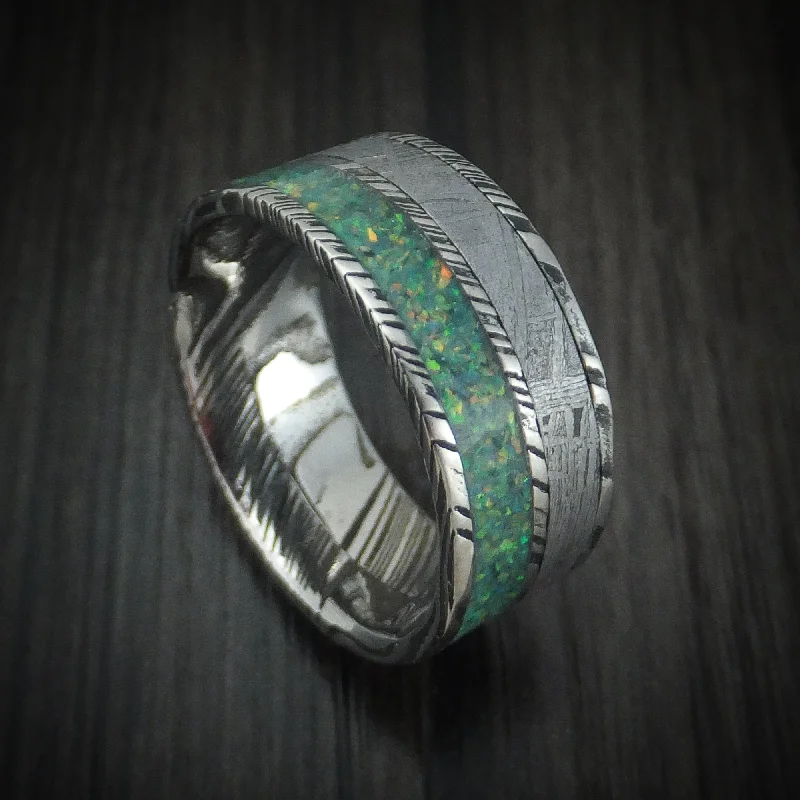 inscribed lineage ring-Kuro Damascus Steel and Meteorite Men's Ring with Opal Custom Made Band