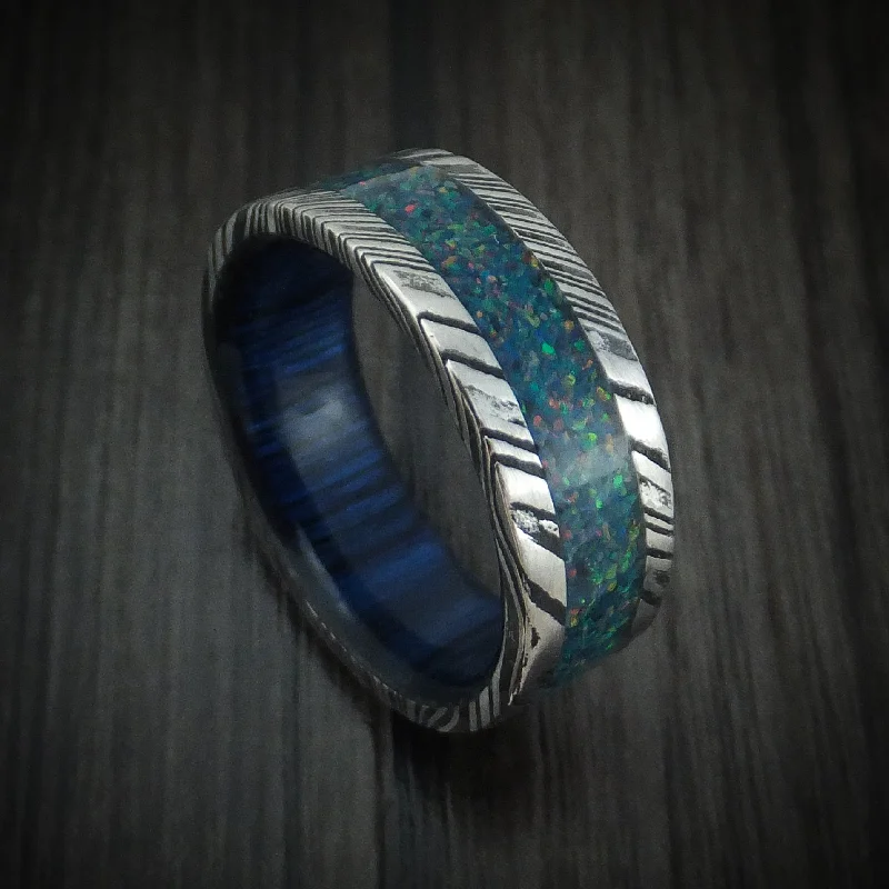 bold emerald inset ring-Kuro Damascus Steel Opal Men's Ring with Wood Sleeve Custom Made