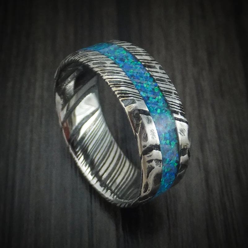 modern tiered moonstone ring-Kuro Damascus Steel Rock Hammer Finish Opal Men's Ring