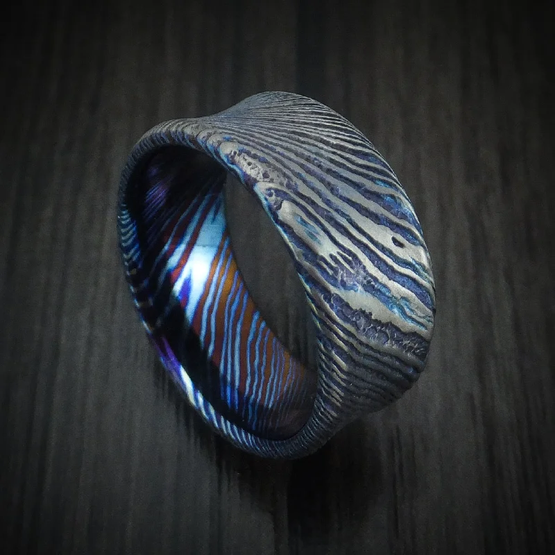 floral-inspired aventurine ring-Kuro-Ti Twisted Titanium Etched and Heat-Treated Men's Ring Custom Made Band