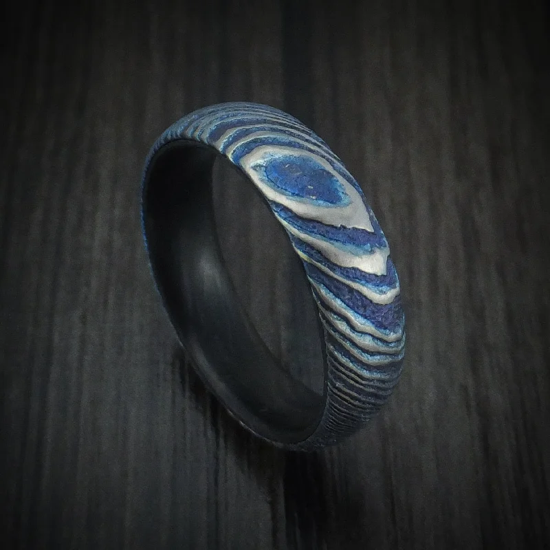 boho-inspired malachite ring-Kuro-Ti Twisted Titanium Etched and Heat-Treated Men's Ring with Forged Carbon Fiber Sleeve Custom Made Band