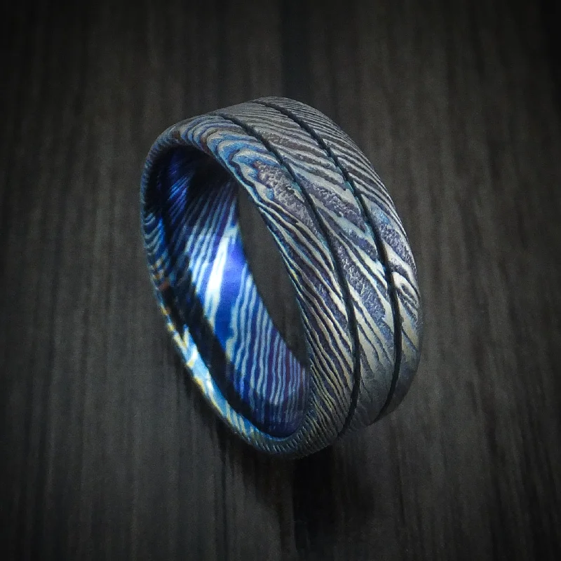 refined niobium eternity ring-Kuro-Ti Twisted Titanium Etched and Heat-Treated Men's Ring with Grooves Custom Made Band