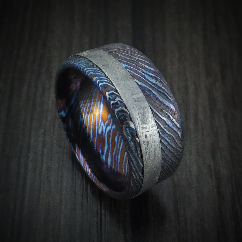 raw agate accent ring-Kuro-Ti Twisted Titanium Etched and Heat-Treated Men's Ring with Meteorite Inlay Custom Made Band