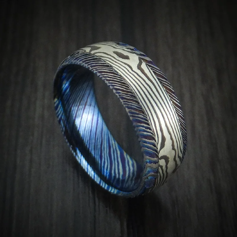 art deco carnelian ring-Kuro-Ti Twisted Titanium Etched and Heat-Treated Men's Ring with Mokume Gane Inlay Custom Made Band