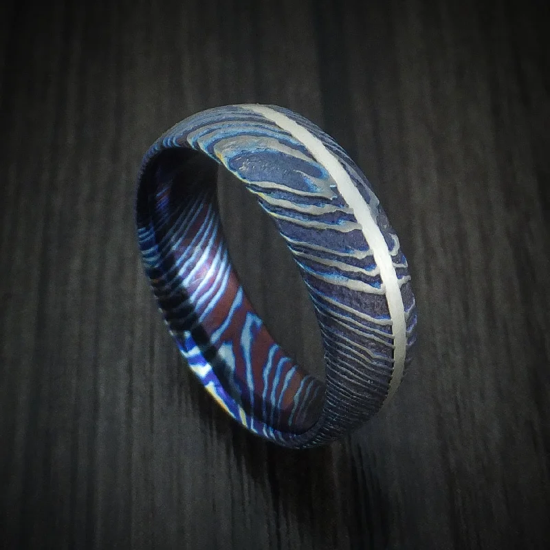 adjustable flare ring-Kuro-Ti Twisted Titanium Etched and Heat-Treated Men's Ring with Silver Inlay Custom Made Band