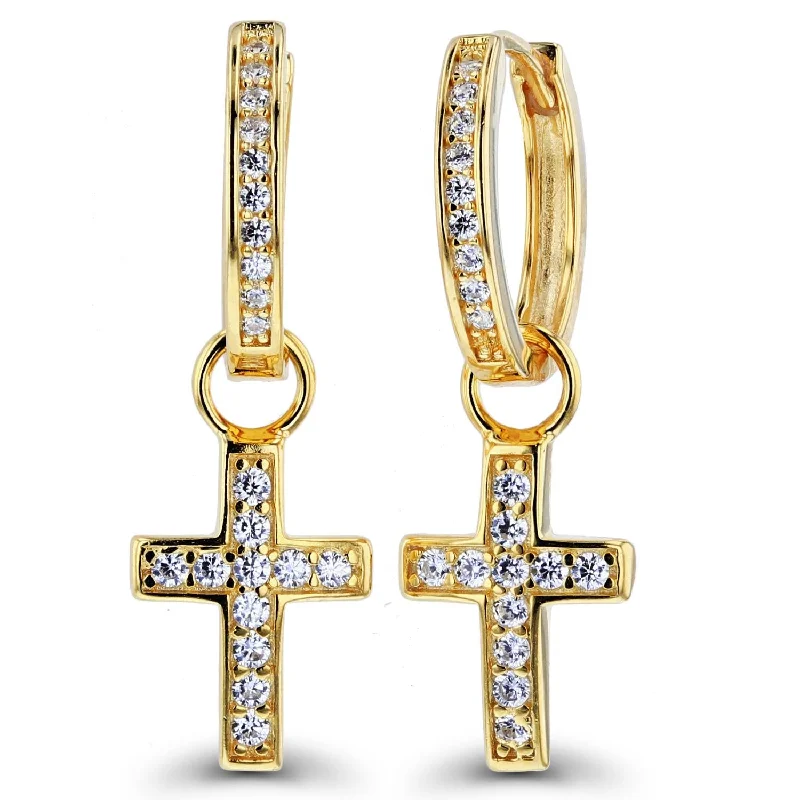 gothic-inspired spider claw earrings-Luxe Layers 14KT Yellow Gold Plated Sterling Silver Round Cubic Zirconia 9X30MM Cross Hoop Drop & Dangle Earrings