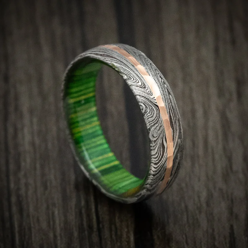 artisan-crafted rose ring-Marble Kuro Damascus Steel Men's Ring with Hammered Gold Inlay and Wood Sleeve