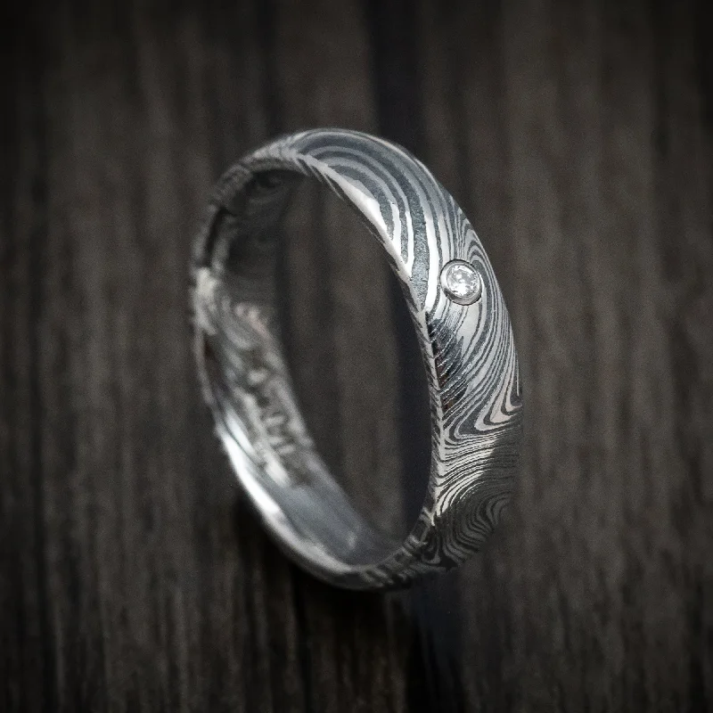 minimalist ridge peak ring-Marble Kuro Damascus Steel Men's Ring with Round Diamond Custom Made