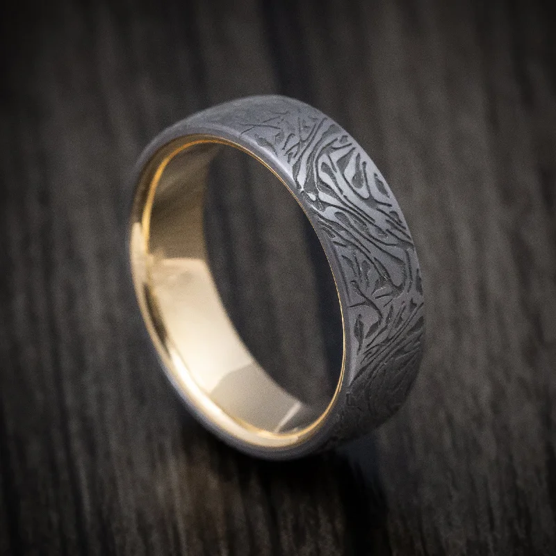 inscribed dynasty ring-Marbled Pattern Tantalum with 14K Yellow Gold Sleeve Mens Band