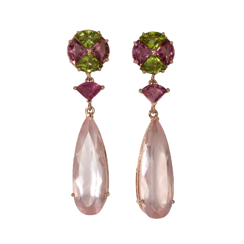 boho-inspired amber earrings-Peridot, Pink Tourmaline & Rose Quartz 14K Gold Detachable Drop Earrings