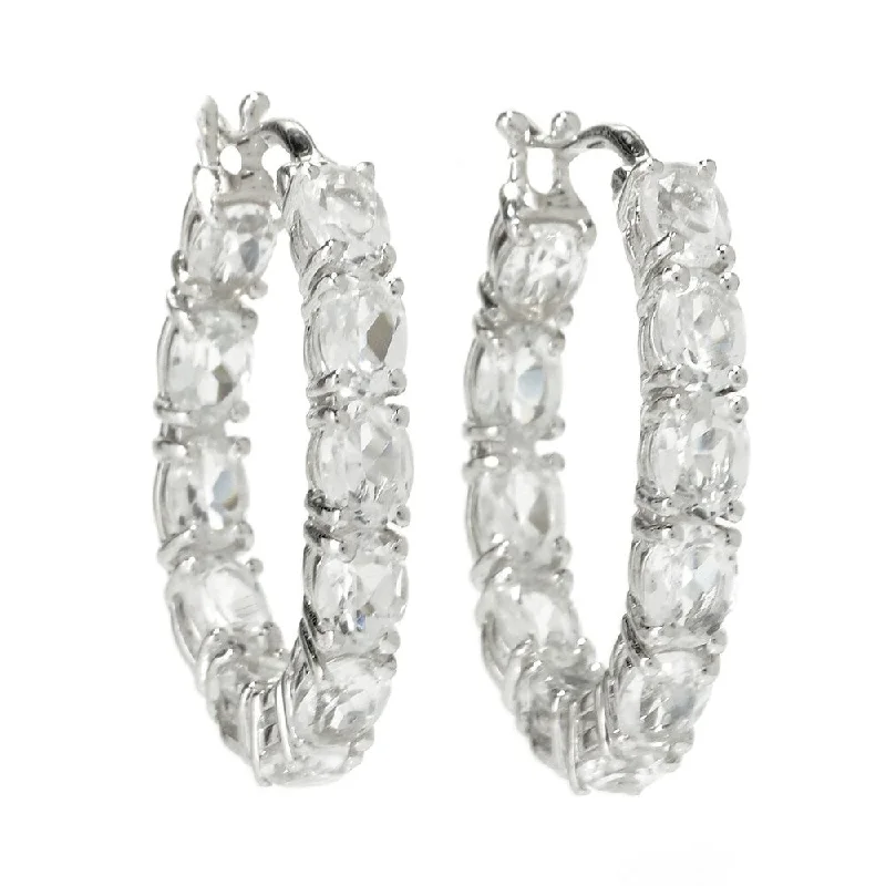 polished silver tier earrings-Rhodium Over Sterling Silver 2.93Ctw White Quartz Hoops Earring 0.75"L