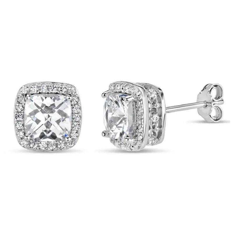 inscribed legacy stud earrings-Sterling Silver 6MM Cushion Cubic Zirconia Halo Stud Earrings