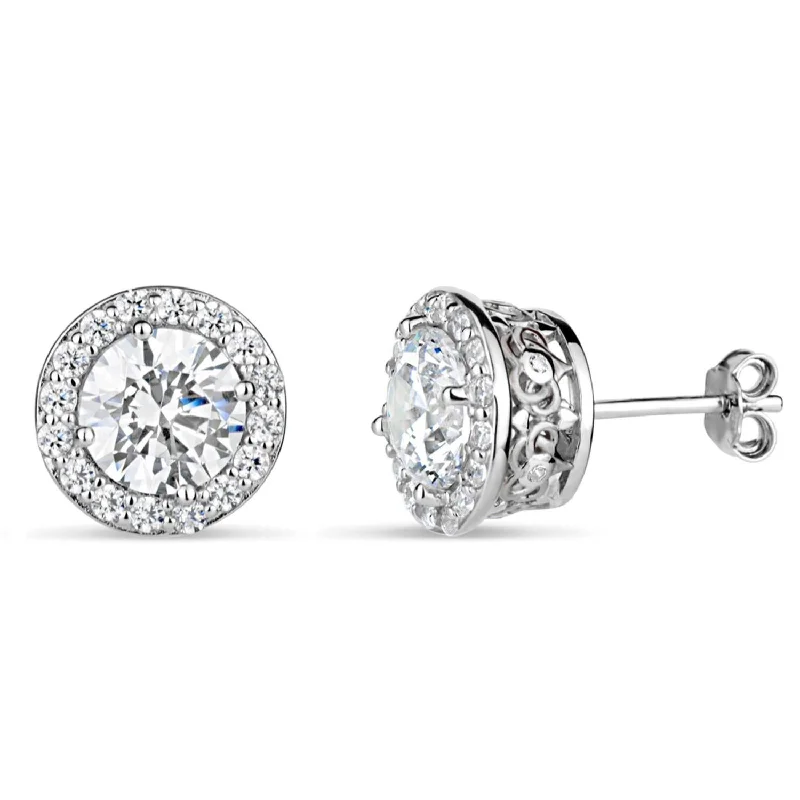 bold sapphire peak ridge earrings-Sterling Silver 7MM Round Cubic Zirconia Halo Stud Earrings