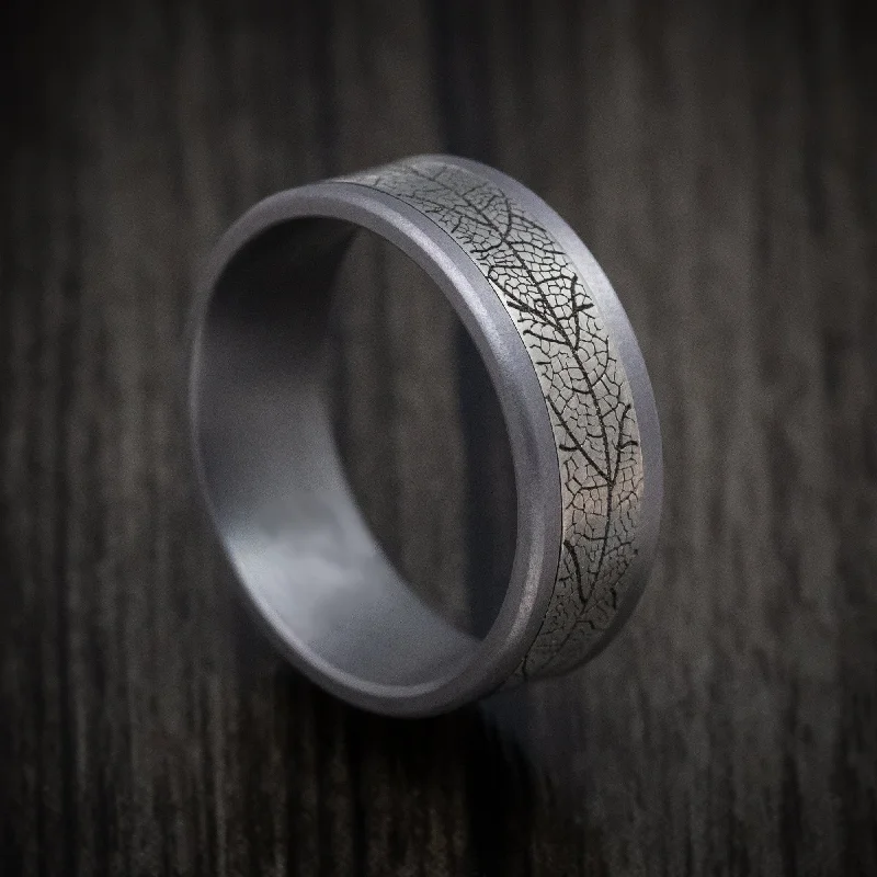 bohemian crest peak ring-Tantalum and Black Titanium Leaf Pattern Mens Ring