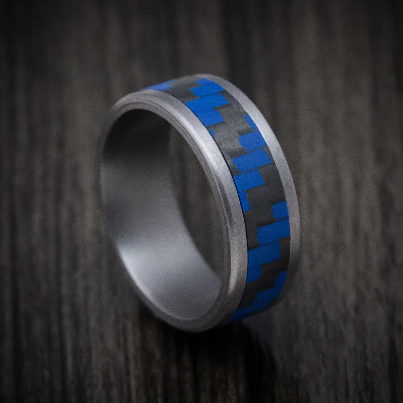 vintage-inspired opal ring-Tantalum and Blue Carbon Fiber Mens Band