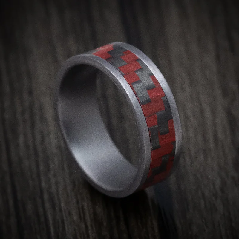 artisan-crafted silver ring-Tantalum and Red Carbon Fiber Mens Ring