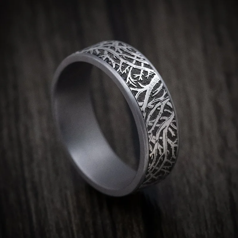 bold sapphire peak ridge ring-Tantalum Forest Trees Pattern Mens Ring