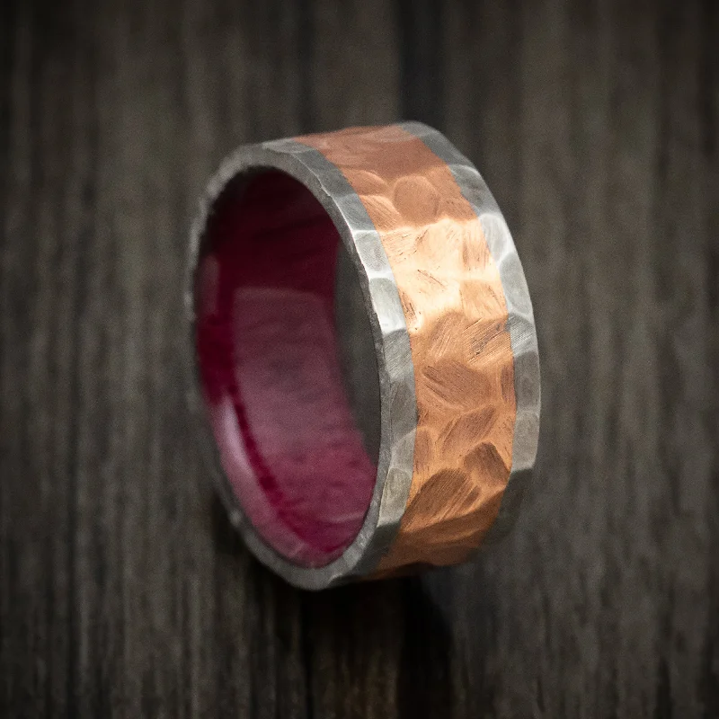 adjustable cedar ridge ring-Titanium and Copper Men's Ring Rock Finished with Wood Sleeve Custom Band