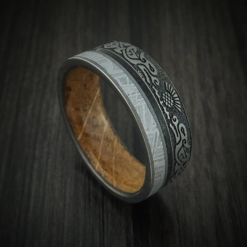 nature-themed apex ridge ring-Titanium Dragon Celtic Men's Ring with Meteorite and Dinosaur Bone along with a Hardwood Sleeve