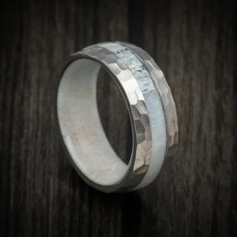 distressed rose stack ring-Titanium Hammered Antler Men's Ring Custom Made Band