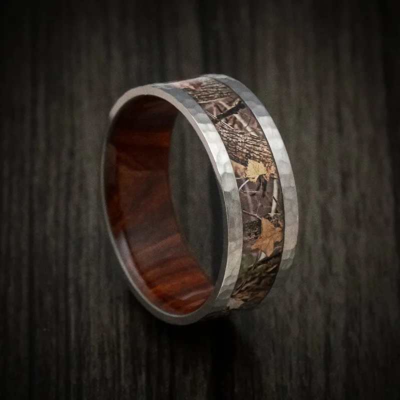 art deco malachite ring-Hammered Titanium Men's Ring with Camo Inlay and Wood Sleeve Custom Made Wedding Band