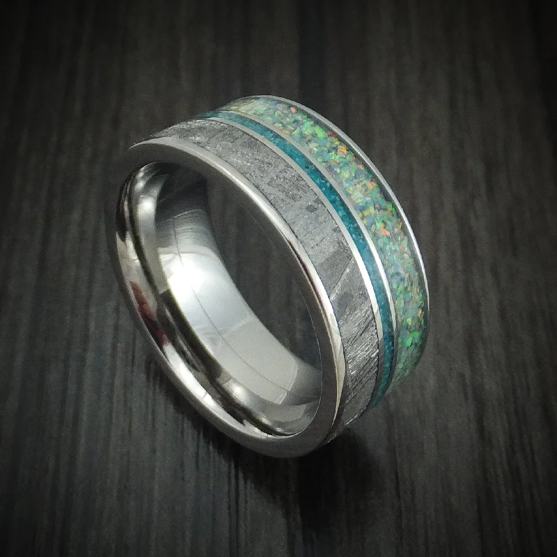 bohemian summit crest ring-Titanium Opal And Gibeon Meteorite Men's Ring With Turquoise Inlay Custom Made Band