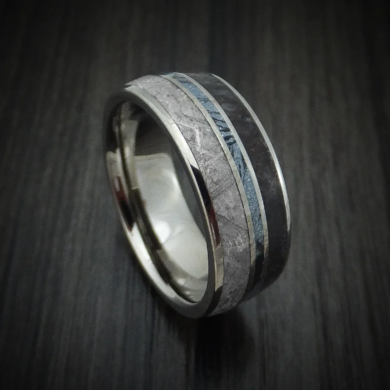 vintage-style emerald ring-Titanium Men's Ring with Dinosaur Bone and Gibeon Meteorite and SpectraMokume Inlay Custom Made Band