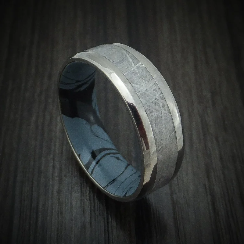 gothic-inspired bat wing ring-Titanium Men's Ring With Gibeon Meteorite And Cobaltium SpectraMokume Custom Made