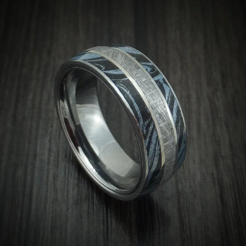 artisan-crafted agate ring-Titanium Men's Ring with Gibeon Meteorite and Cobaltium SpectraMokume Custom Made