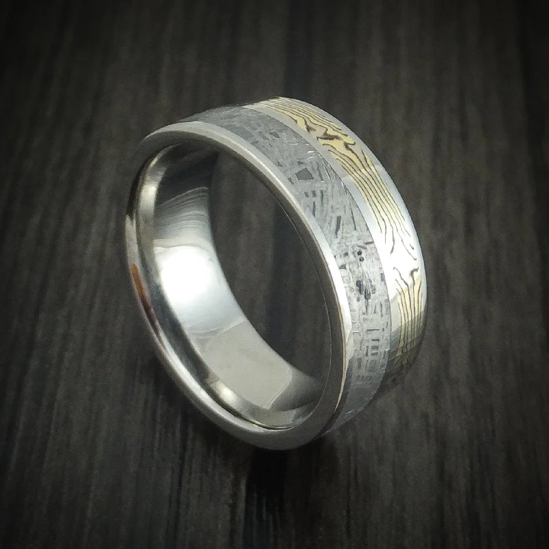 adjustable ridge peak ring-Titanium Men's Ring with Mokume Gane and Meteorite Custom Made