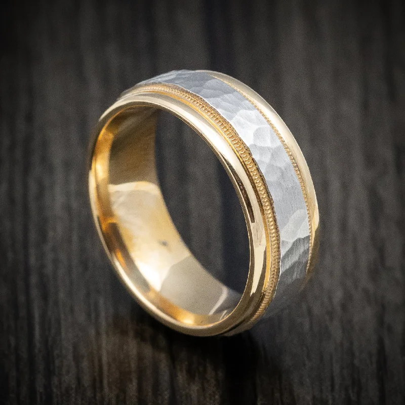 modern sleek nebula ring-Two-tone 14K Yellow and White Gold Millgrain Wedding Men's Band