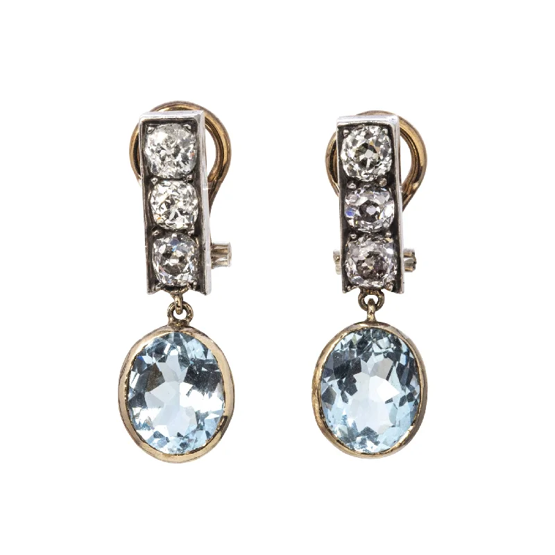 modern sleek summit crest earrings-Victorian Oval Aquamarine & Diamond 18K Gold Silver Drop Earrings