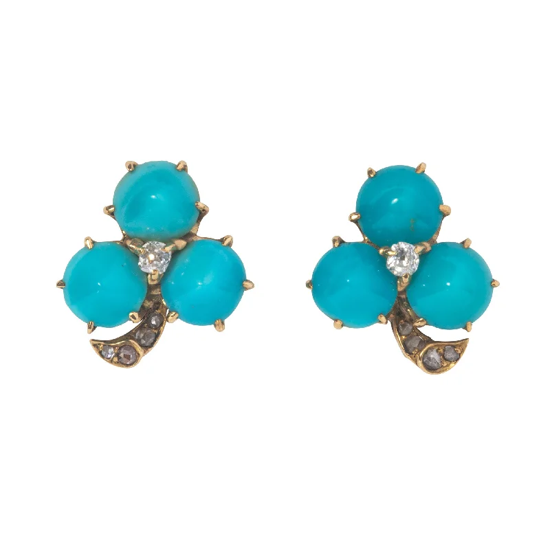 polished copper arc earrings-Victorian Turquoise & Diamond 18K Gold Clover Earrings