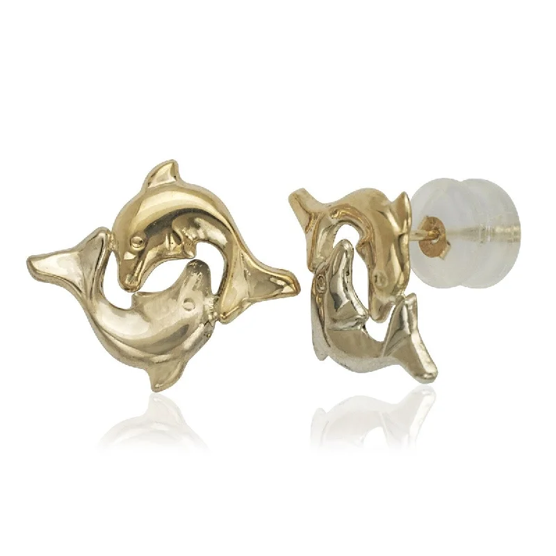 inscribed legacy drop earrings-14k Two-tone Gold Double Dolphin Post Earrings - White