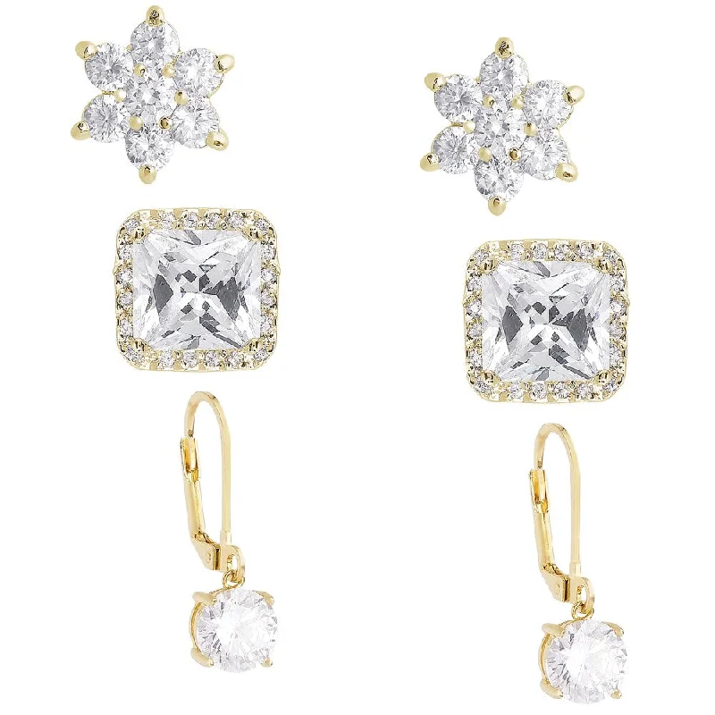 minimalist curve peak earrings-Dolce Giavonna Silver or Gold Overlay 3-pair Cubic Zirconia Earring Set