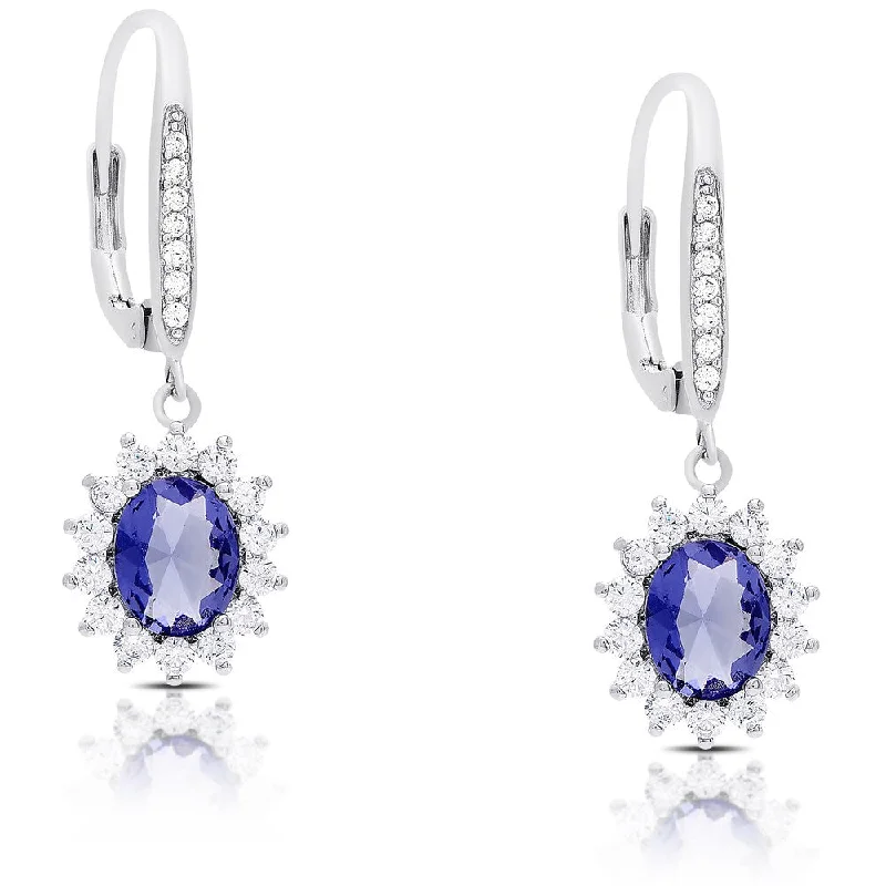 bold emerald peak ridge earrings-Dolce Giavonna Silver Overlay Simulated Tanzanite and Cubic Zirconia Oval Dangle Earrings