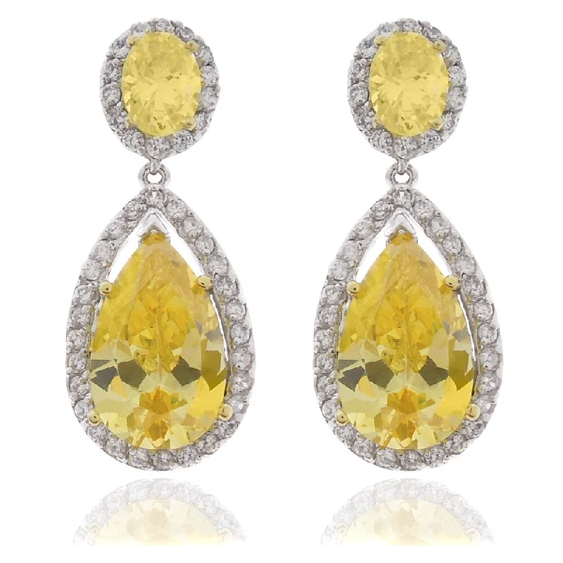 floral eternity amethyst earrings-Dolce Giavonna Silver Overlay Yellow and White Cubic Zirconia Teardrop Dangle Earrings