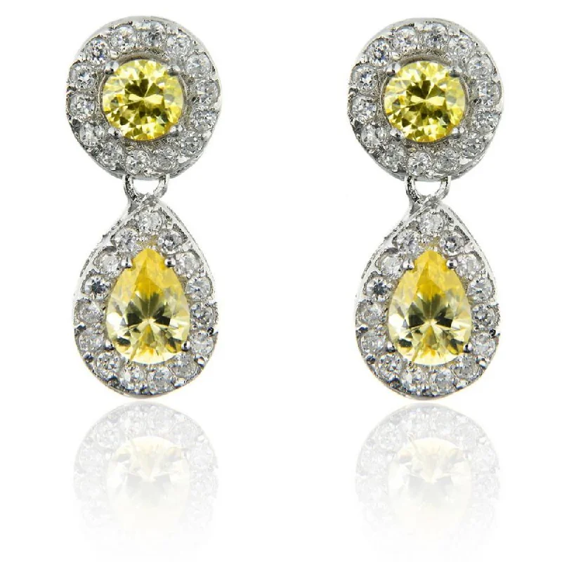 modern tiered moonstone earrings-Dolce Giavonna Silver Overlay Yellow and White CZ Dangle Earrings