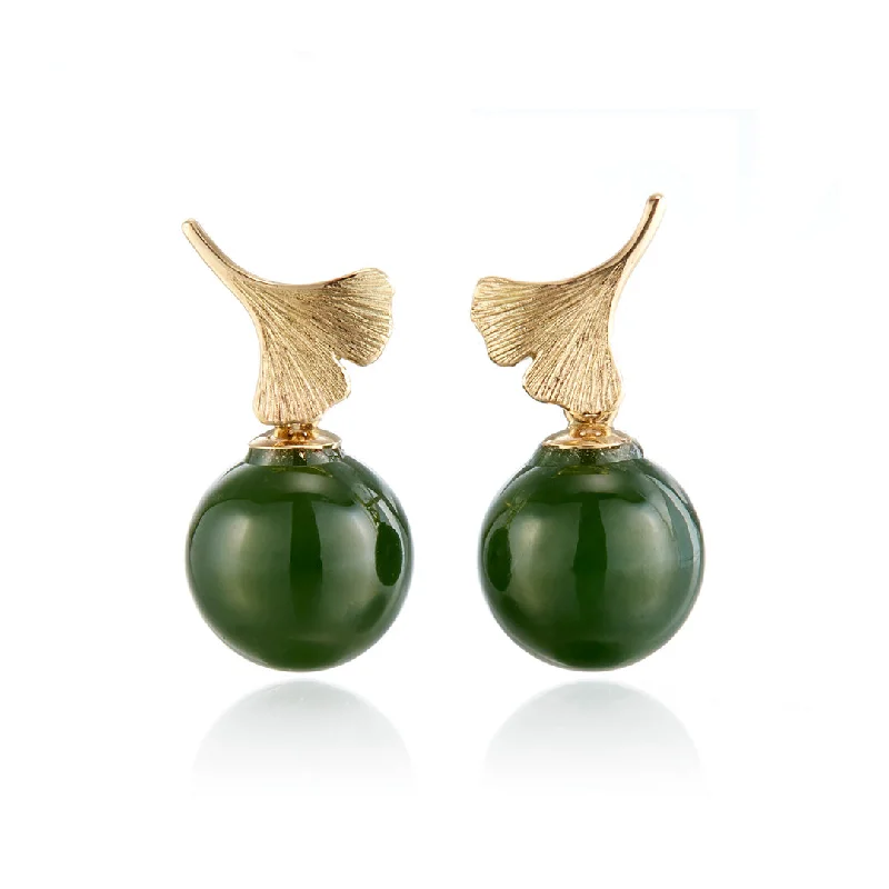 vintage-style sapphire earrings-Ginkgo Green Nephrite Jade Drop Earrings