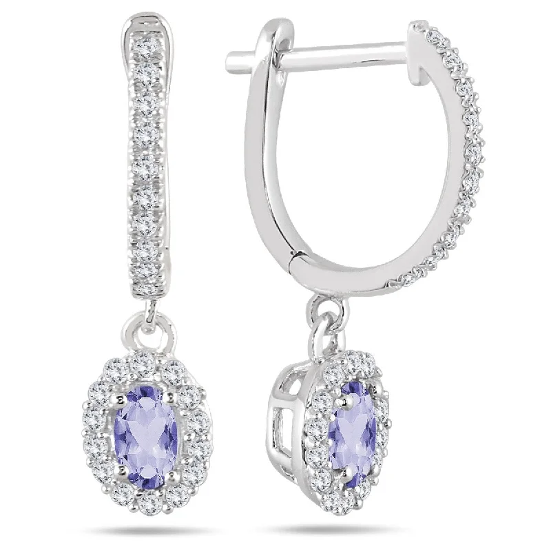 raw malachite accent earrings-Marquee 1/2 Carat Tanzanite and Diamond Halo Dangle Earrings in 10K White Gold