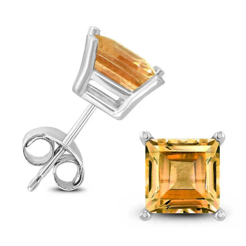 rustic topaz hoop earrings-Marquee 14K White Gold 6MM Square Citrine Earrings